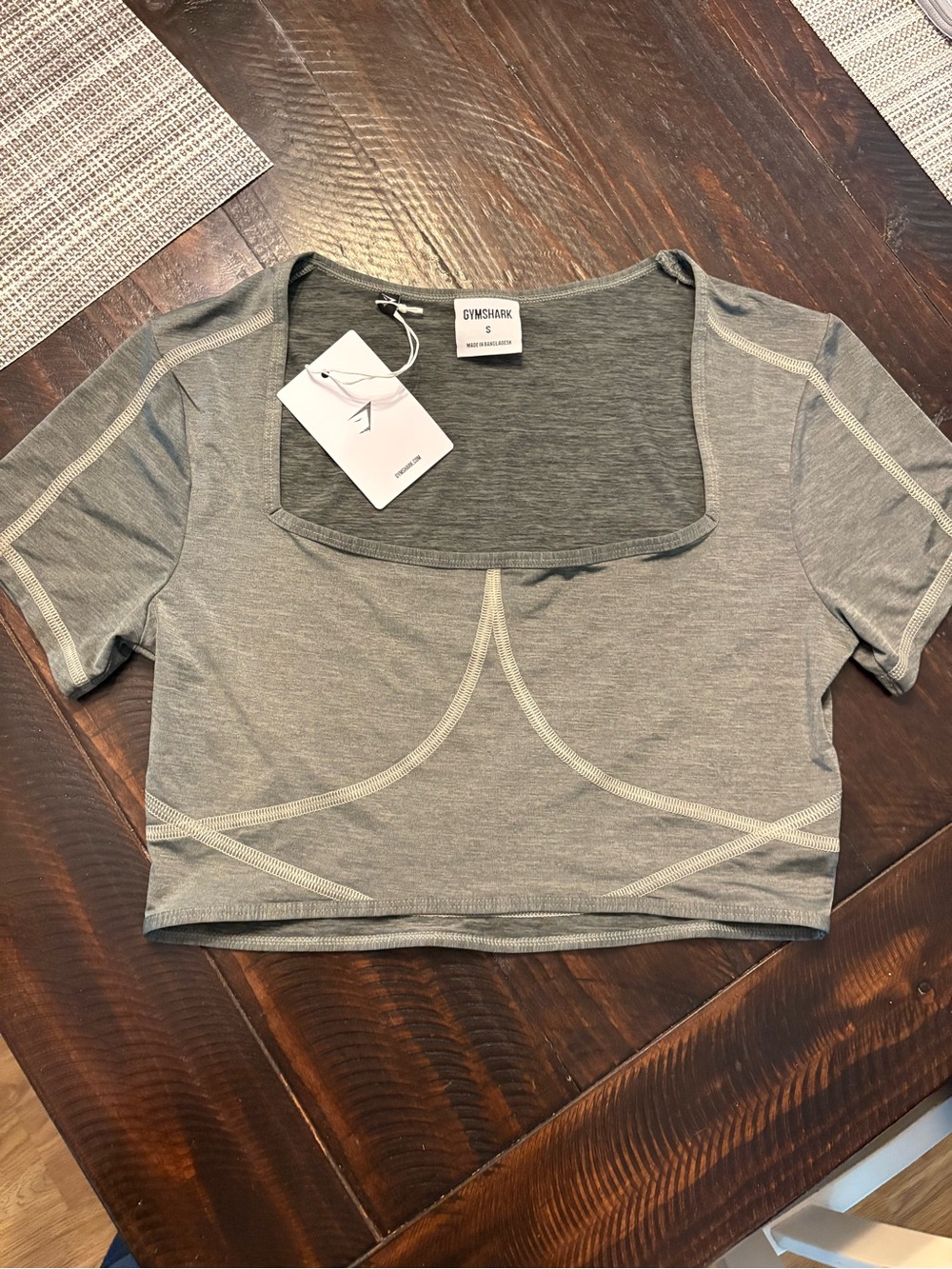 Gymshark Gray/green Short Sleeve Square Neck Crop Top with Contrast Seams